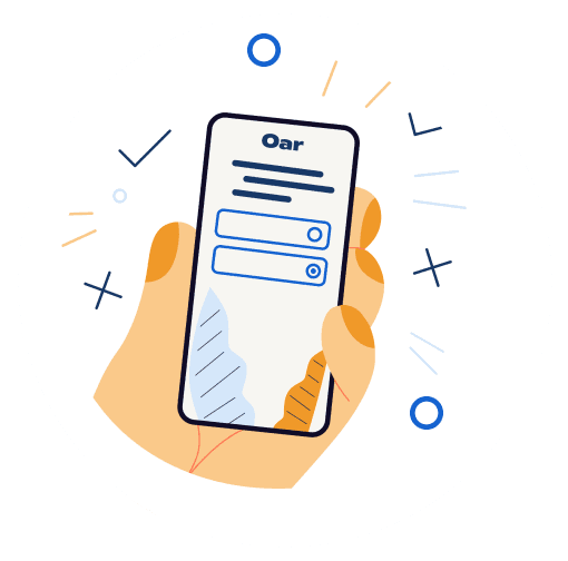 illustration of a person's hand holding a phone with the Oar assessment form on it