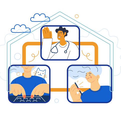 illustration of a patient typing, a doctor waving, and a patient using a phone