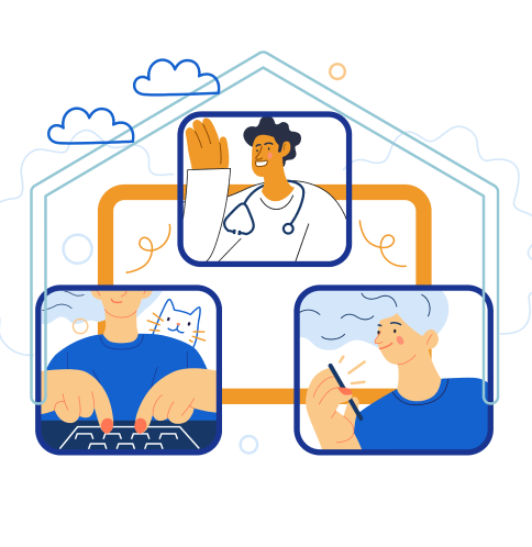 illustration of a patient typing, a doctor waving, and a patient using a phone