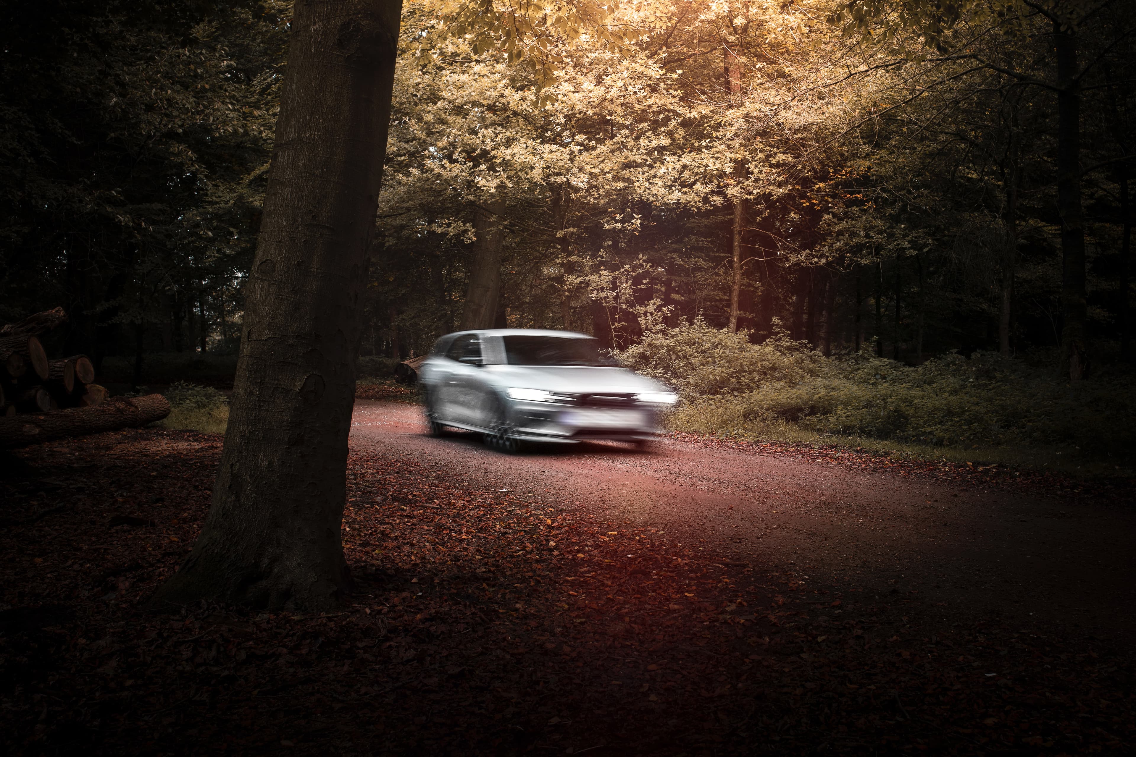 A silver sedan drives on a deserted dirt road surrounded by leafy green trees. The car is blurry and out of focus, while the surrounding forest is clear and in focus.