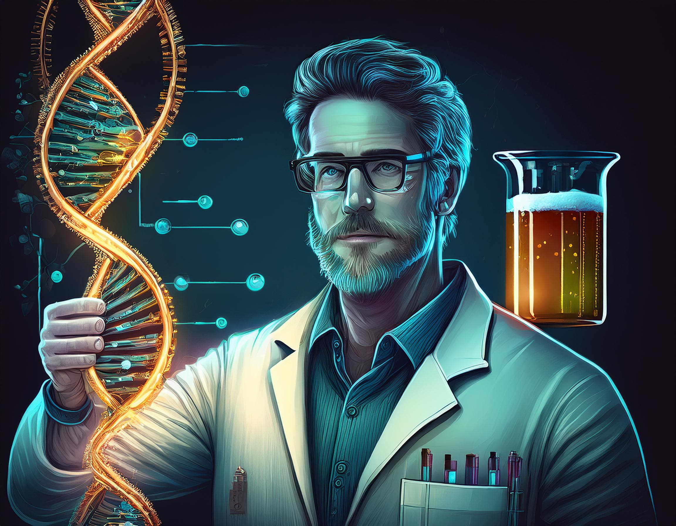 A scientist in a lab splitting the human genome to find beer.