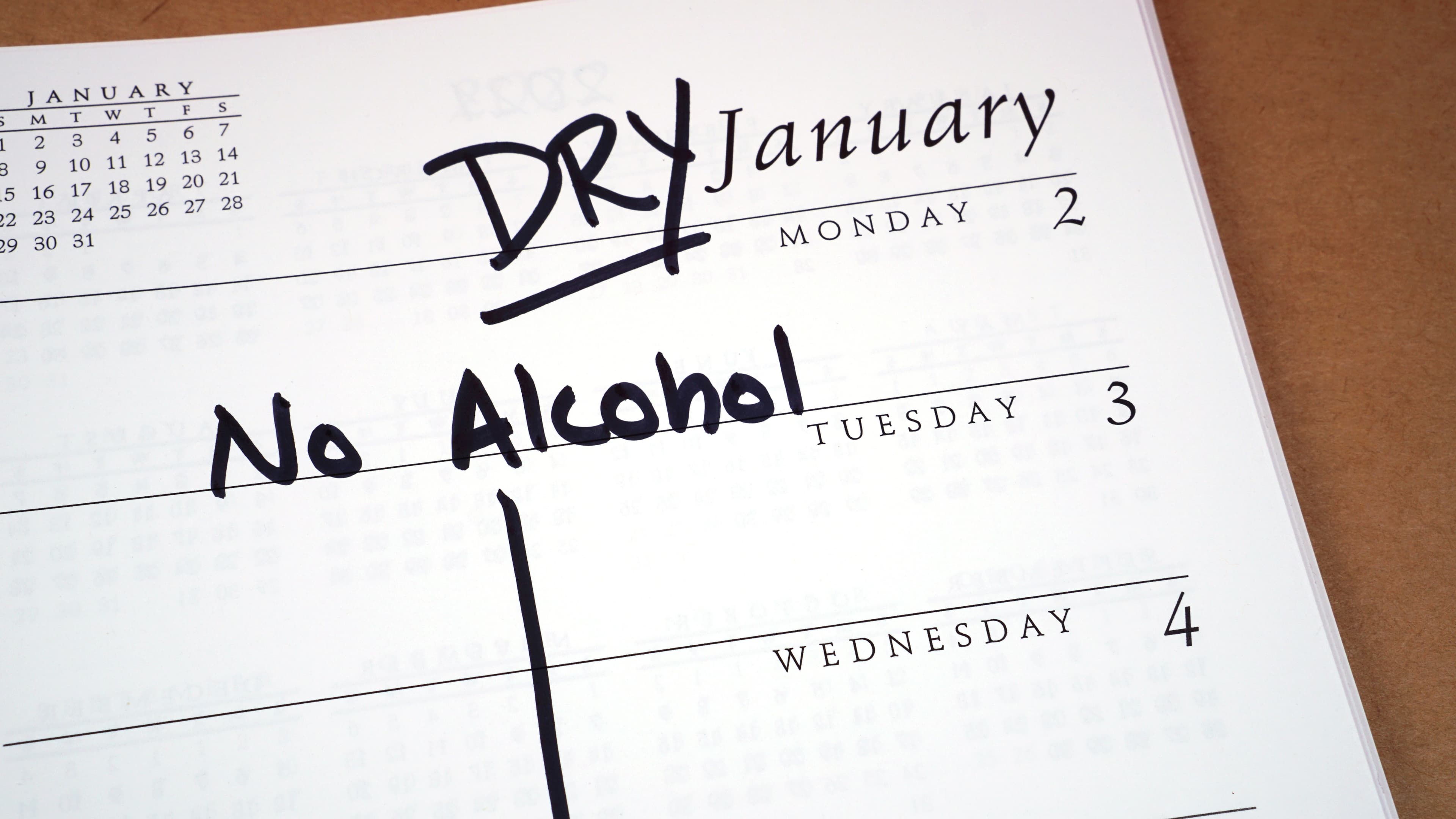 Calendar marked to indicate that January is Dry January - a month to stay sober and alcohol-free.