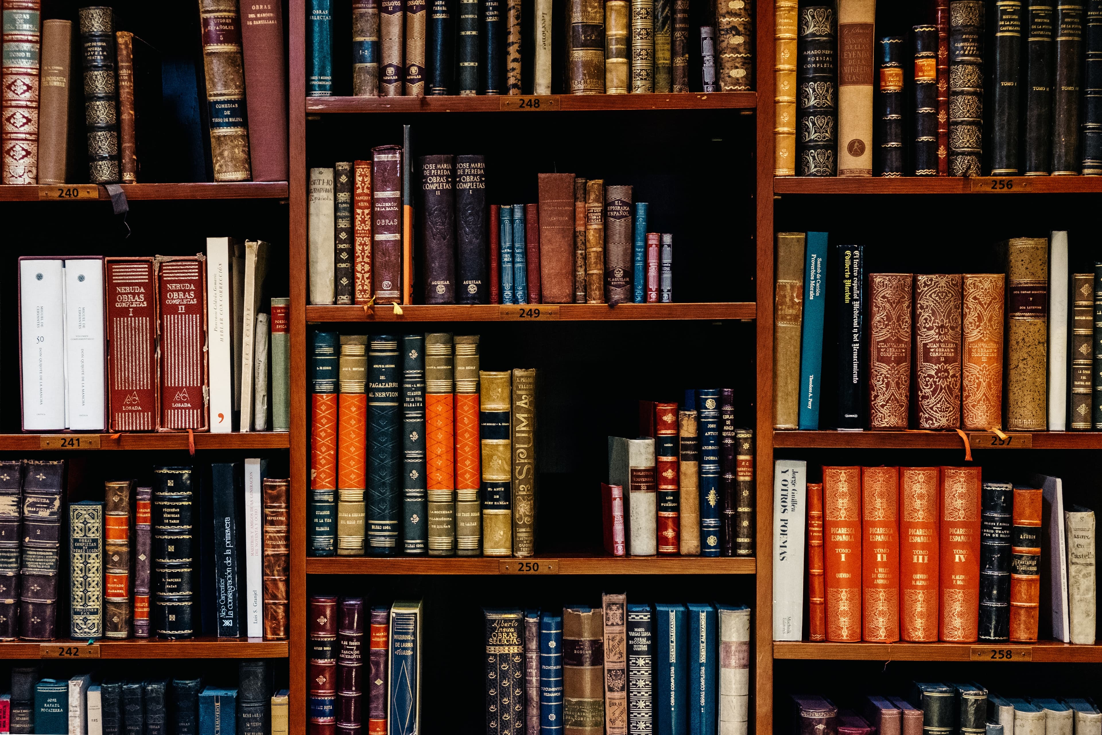 A close-up of several shelves filled with books.