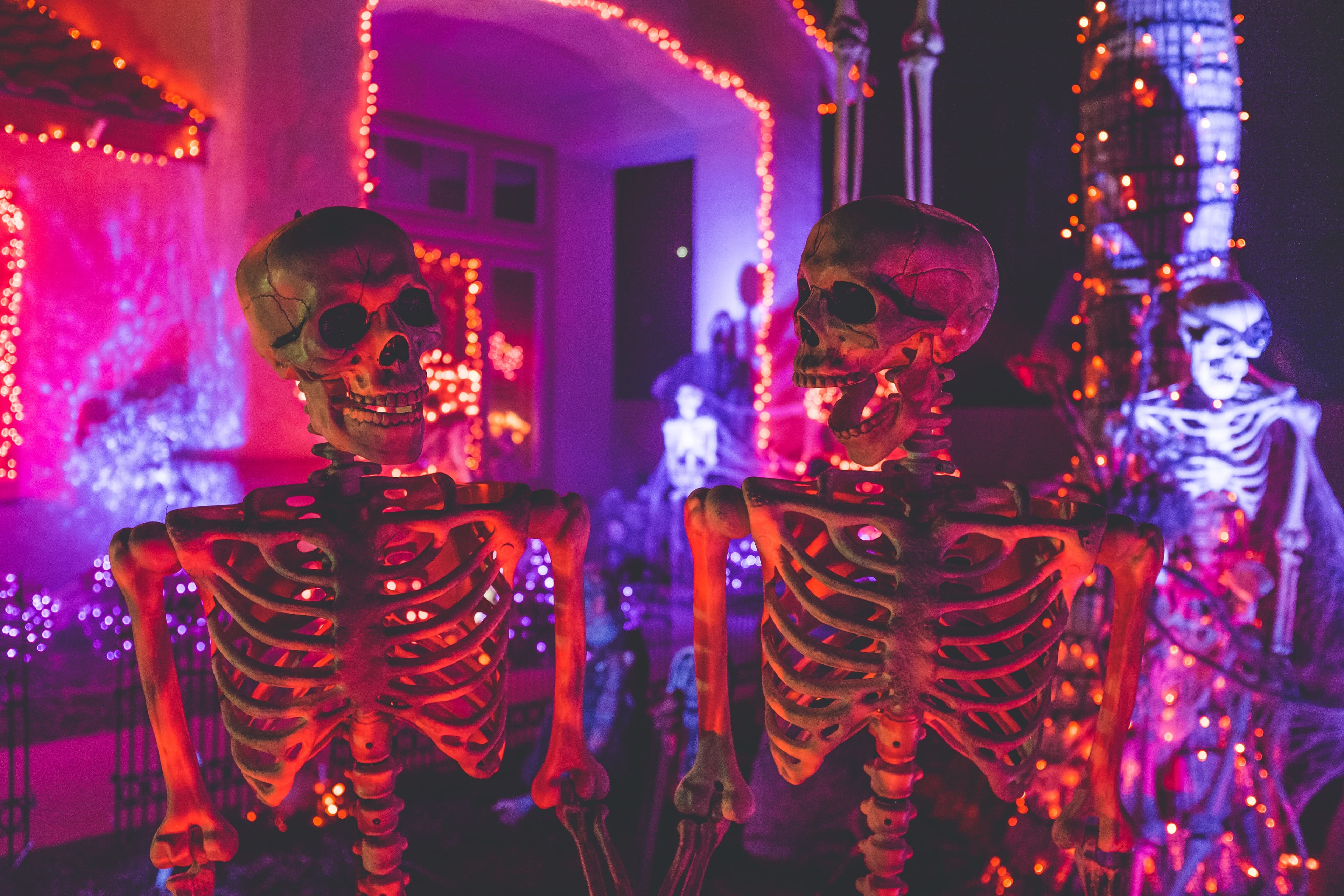 Two life-size skeleton decorations are posed so that they appear to be having a conversation in front of a house decorated with neon lights.
