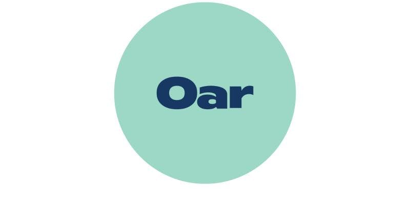An aquamarine circle with the word "Oar" in dark blue letters in the middle.